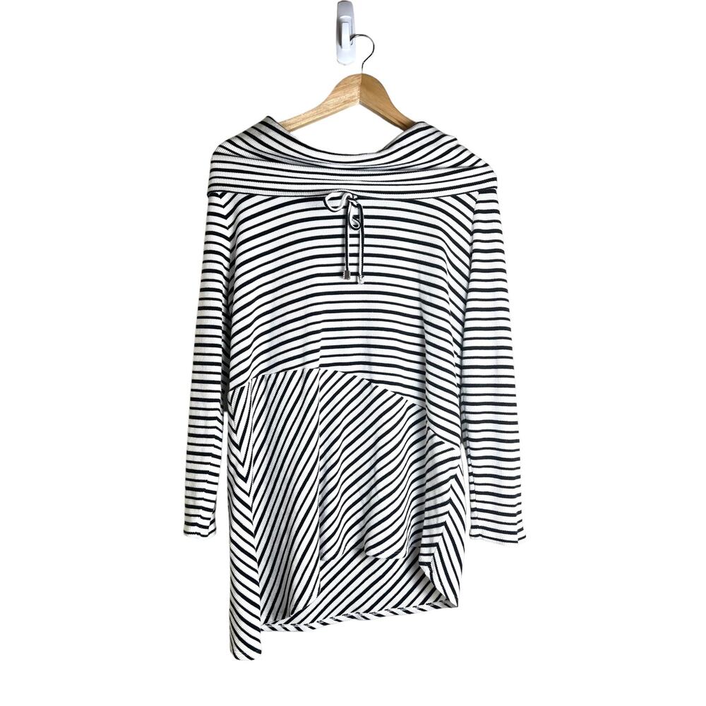 Zenergy Chico's Women’s Casual Knit Black White Stripe Cowl Neck Pullover 2 (L)
